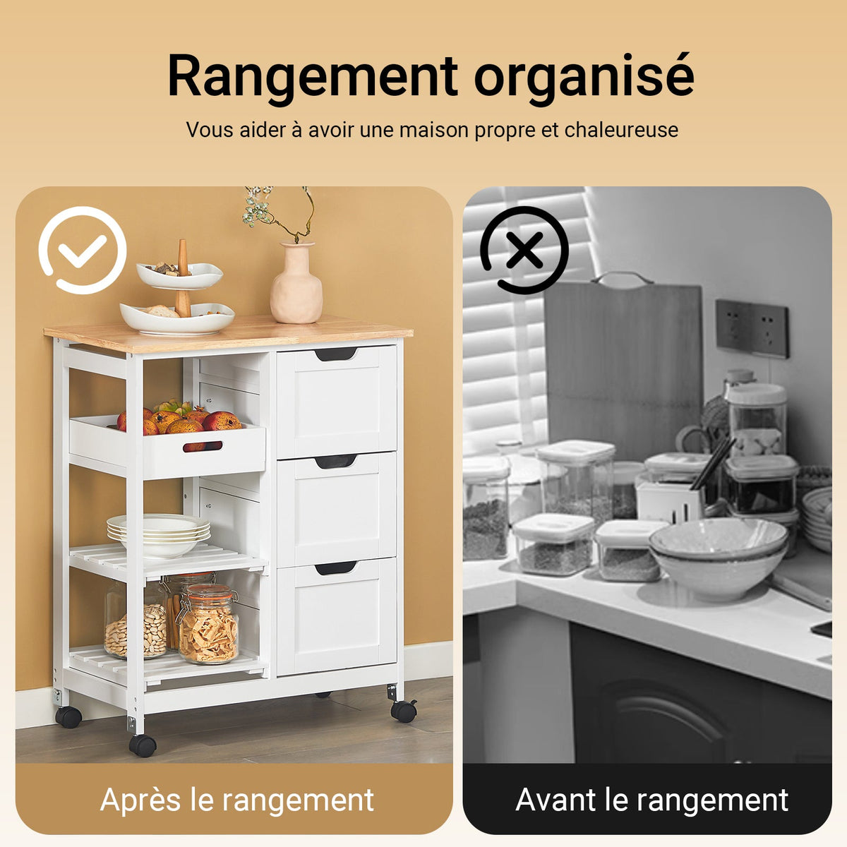 SoBuy FKW79-W Desserte Cuisine avec Roulettes et 3 Tiroirs, Mobile, pour Cuisine et Salle à Manger, Rangement Optimisé, Usage Quotidien – L68×P38×H85 cm, Blanc