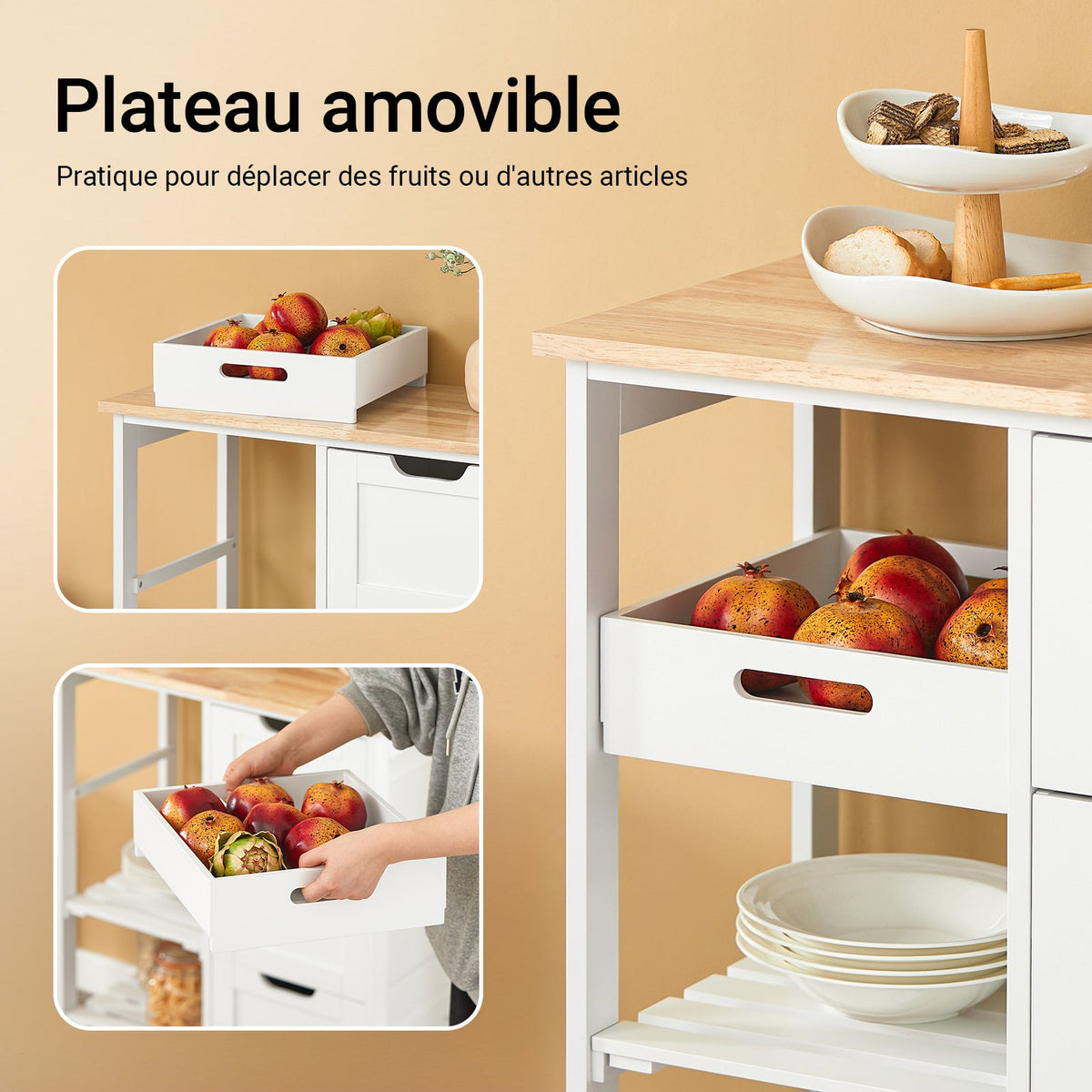 SoBuy FKW79-W Desserte Cuisine avec Roulettes et 3 Tiroirs, Mobile, pour Cuisine et Salle à Manger, Rangement Optimisé, Usage Quotidien – L68×P38×H85 cm, Blanc