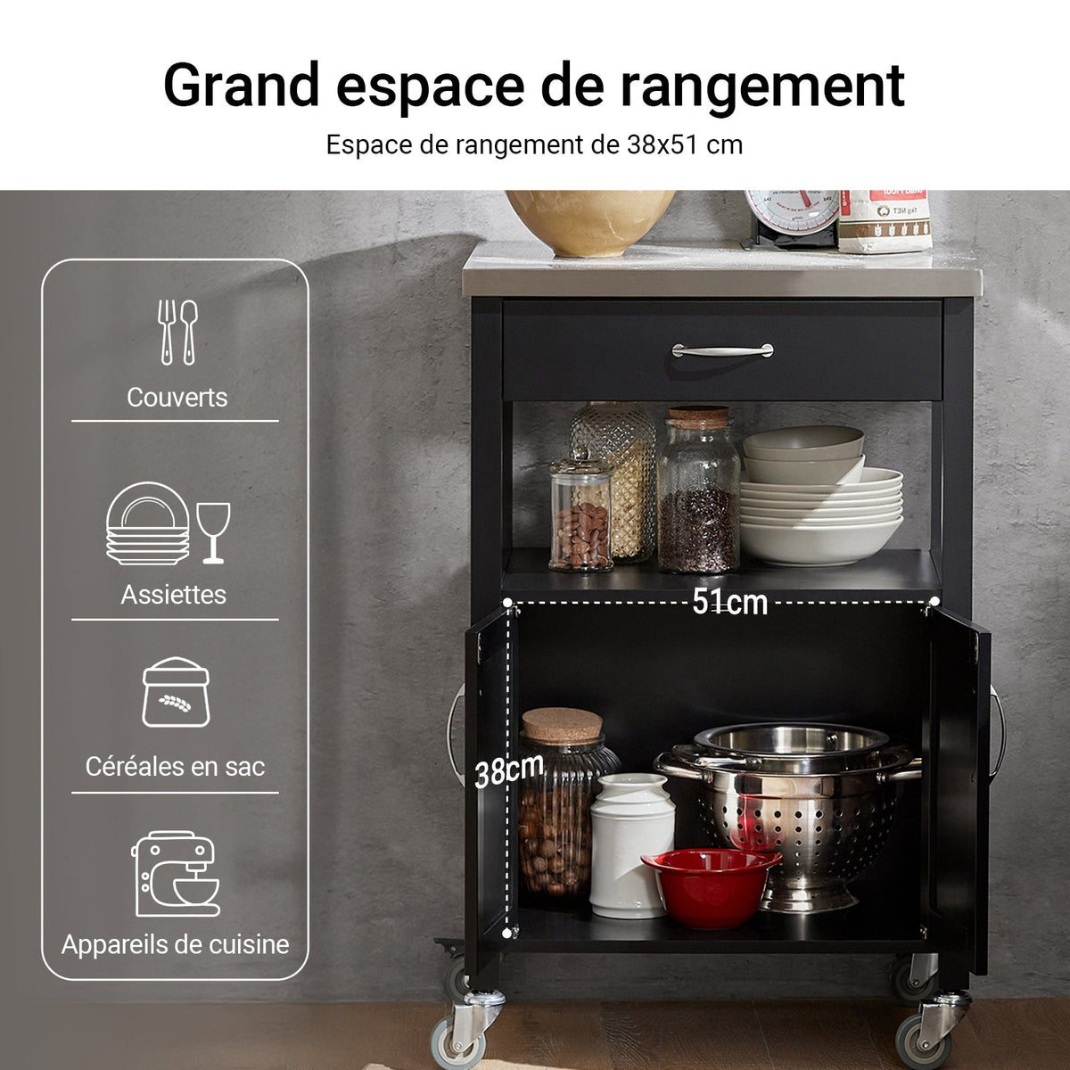 SoBuy FKW22-SCH Desserte de Cuisine à Roulettes avec Plan de Travail INOX, 1 Tiroir, 1 Étagère et 2 Portes, Chariot Multifonction – 60x45x92 cm, Noir