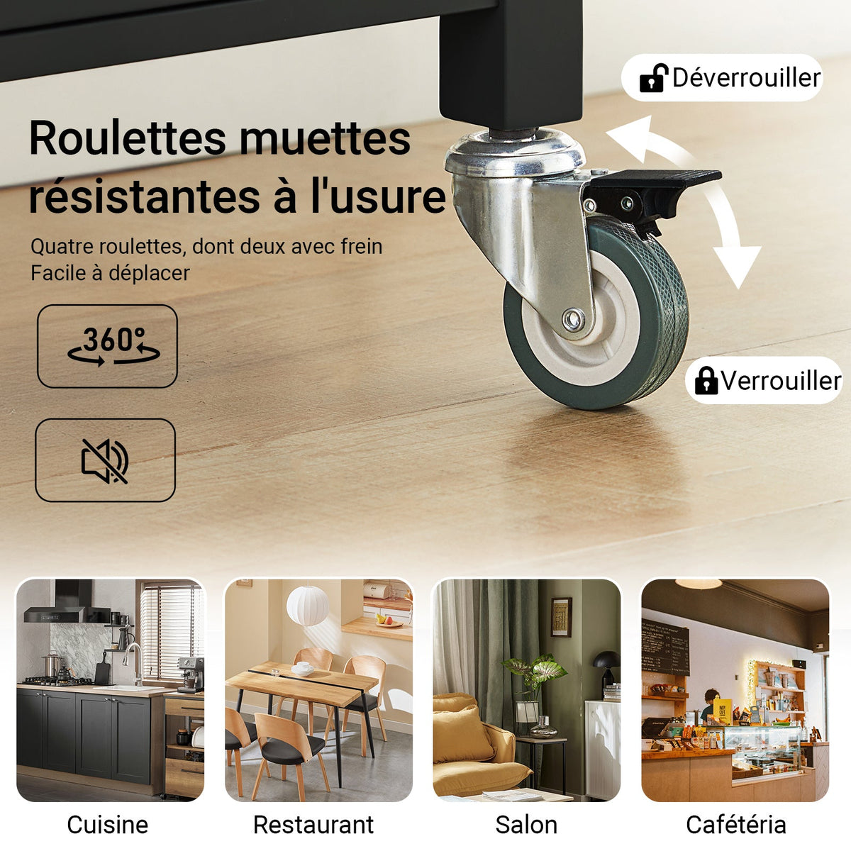 SoBuy FKW22-SCH Desserte de Cuisine à Roulettes avec Plan de Travail INOX, 1 Tiroir, 1 Étagère et 2 Portes, Chariot Multifonction – 60x45x92 cm, Noir