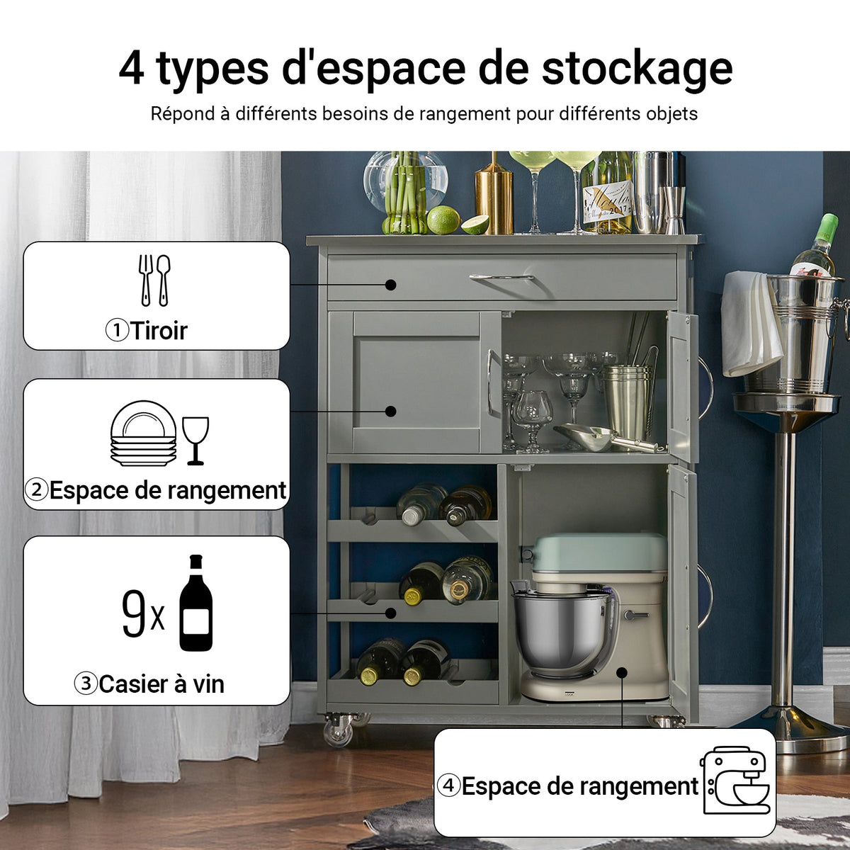 SoBuy FKW45-HG Desserte Chariot de Cuisine de Service Roulant, Meuble Armoire de Rangement Cusine sur roulettes
