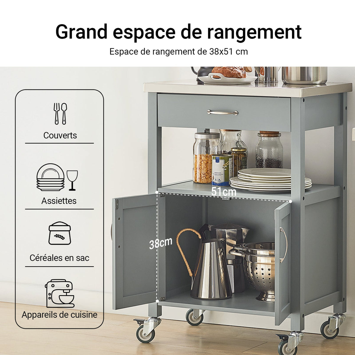 SoBuy FKW22-HG Desserte Cuisine avec Roulettes, Format Compact, Usage Polyvalent, Mobile, pour Cuisine et Salle à Manger, Usage Quotidien – L60×P44×H92 cm, Gris
