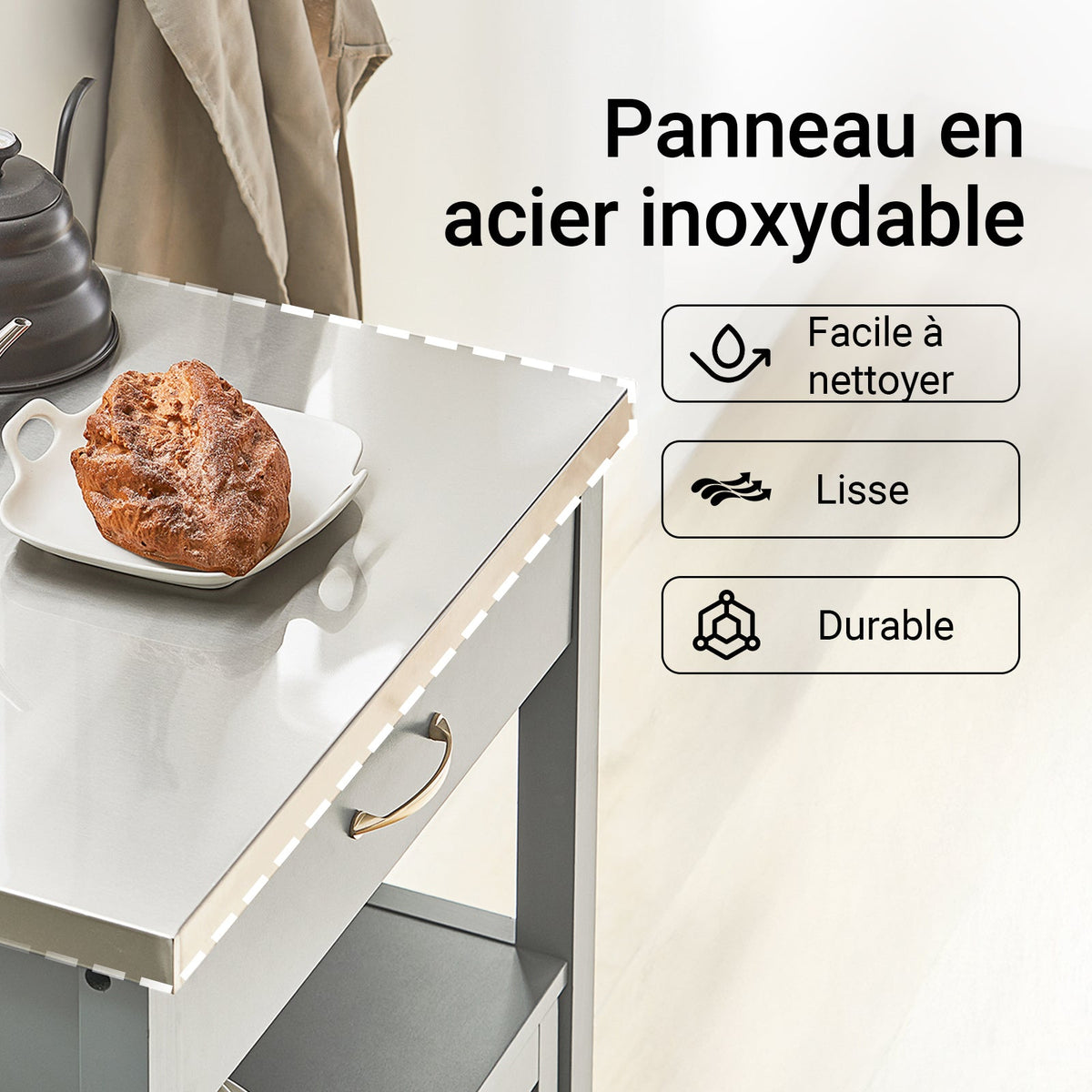 SoBuy FKW22-HG Desserte Cuisine avec Roulettes, Format Compact, Usage Polyvalent, Mobile, pour Cuisine et Salle à Manger, Usage Quotidien – L60×P44×H92 cm, Gris