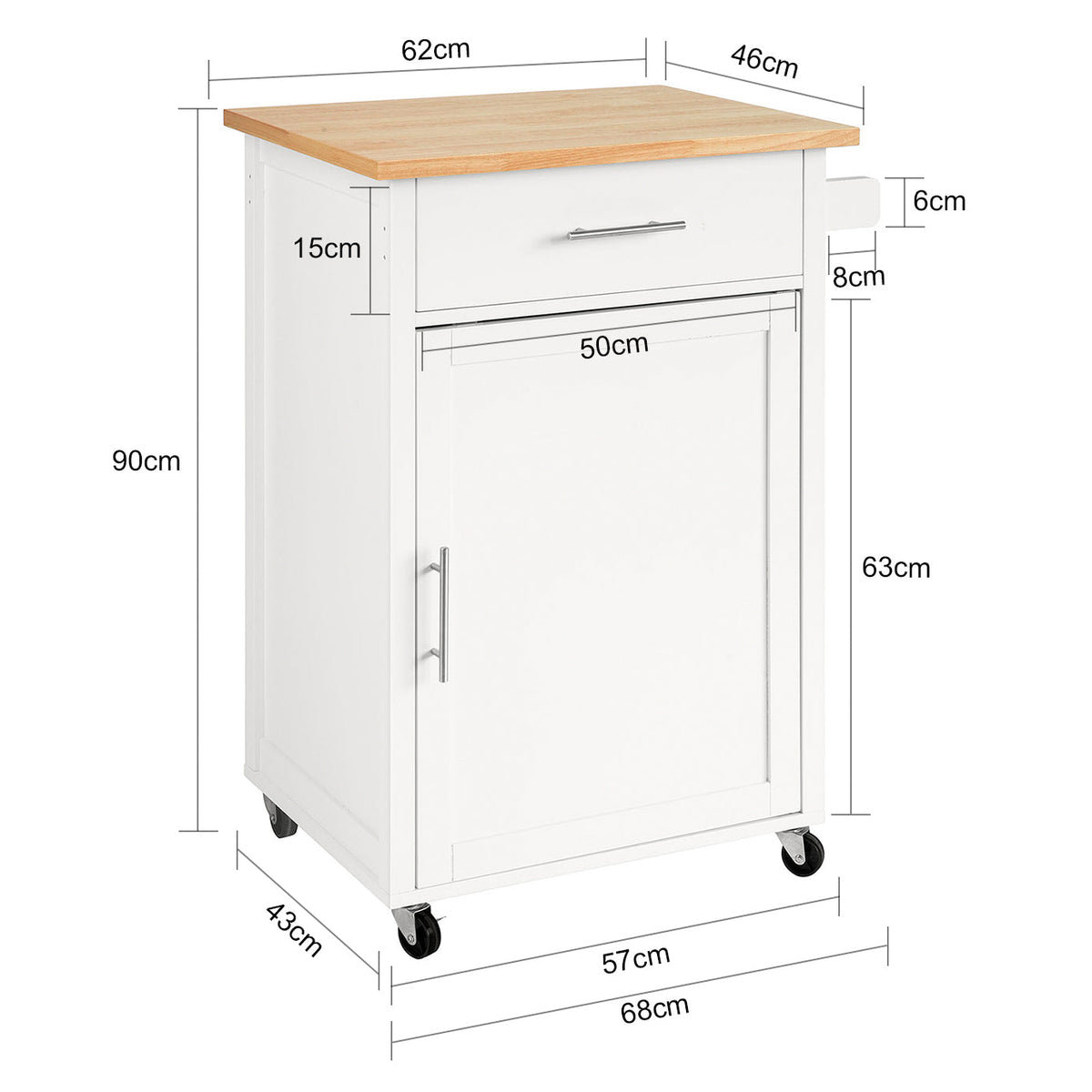 SoBuy FKW102-WN Desserte de Cuisine à Roulettes avec Plan de Travail, 1 Tiroir, 1 Porte et Porte-Torchon, Charge 45 kg – 68x46x90 cm, Blanc et Naturel