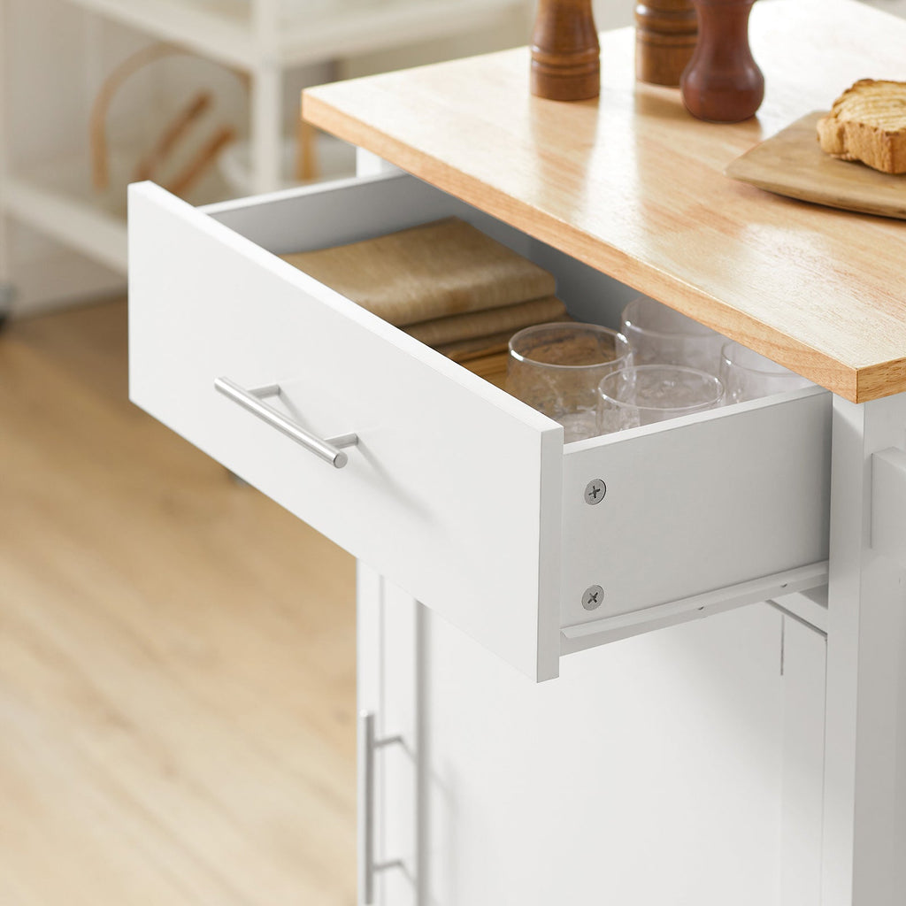 SoBuy FKW102-WN Desserte de Cuisine à Roulettes avec Plan de Travail, 1 Tiroir, 1 Porte et Porte-Torchon, Charge 45 kg – 68x46x90 cm, Blanc et Naturel