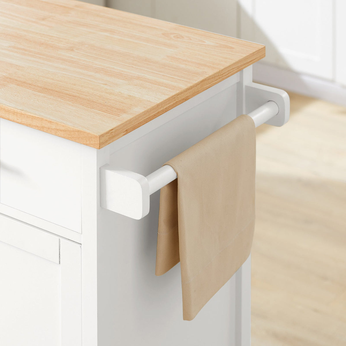 SoBuy FKW102-WN Desserte de Cuisine à Roulettes avec Plan de Travail, 1 Tiroir, 1 Porte et Porte-Torchon, Charge 45 kg – 68x46x90 cm, Blanc et Naturel