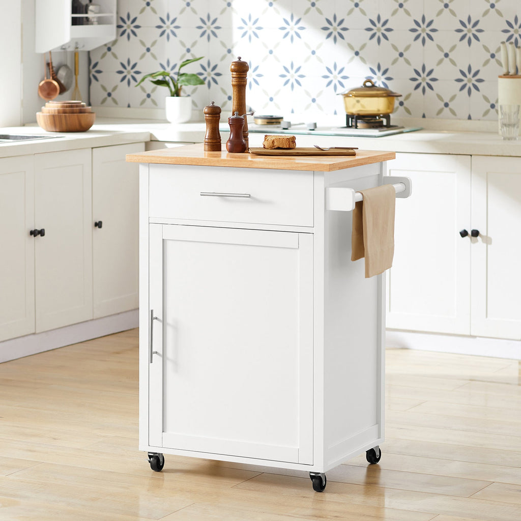 SoBuy FKW102-WN Desserte de Cuisine à Roulettes avec Plan de Travail, 1 Tiroir, 1 Porte et Porte-Torchon, Charge 45 kg – 68x46x90 cm, Blanc et Naturel