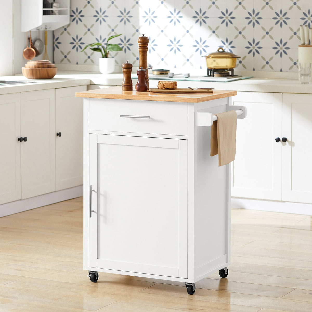 SoBuy FKW102-WN Desserte de Cuisine à Roulettes avec Plan de Travail, 1 Tiroir, 1 Porte et Porte-Torchon, Charge 45 kg – 68x46x90 cm, Blanc et Naturel