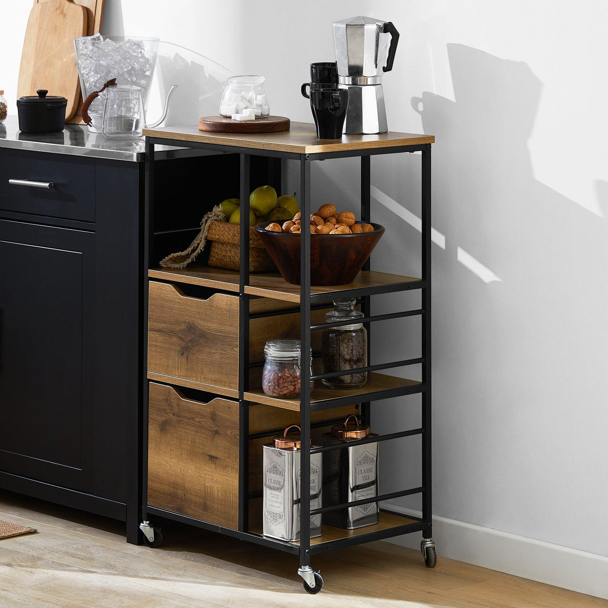 SoBuy FKW111-PF Desserte Cuisine avec Roulettes et Tiroirs, Style Industriel, Mobile, pour Cuisine et Salle à Manger – L53×P37×H89 cm, Bois + Métal, Noir