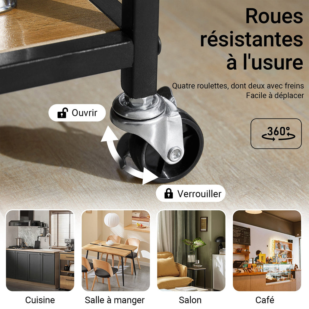 SoBuy FKW111-PF Desserte Cuisine avec Roulettes et Tiroirs, Style Industriel, Mobile, pour Cuisine et Salle à Manger – L53×P37×H89 cm, Bois + Métal, Noir
