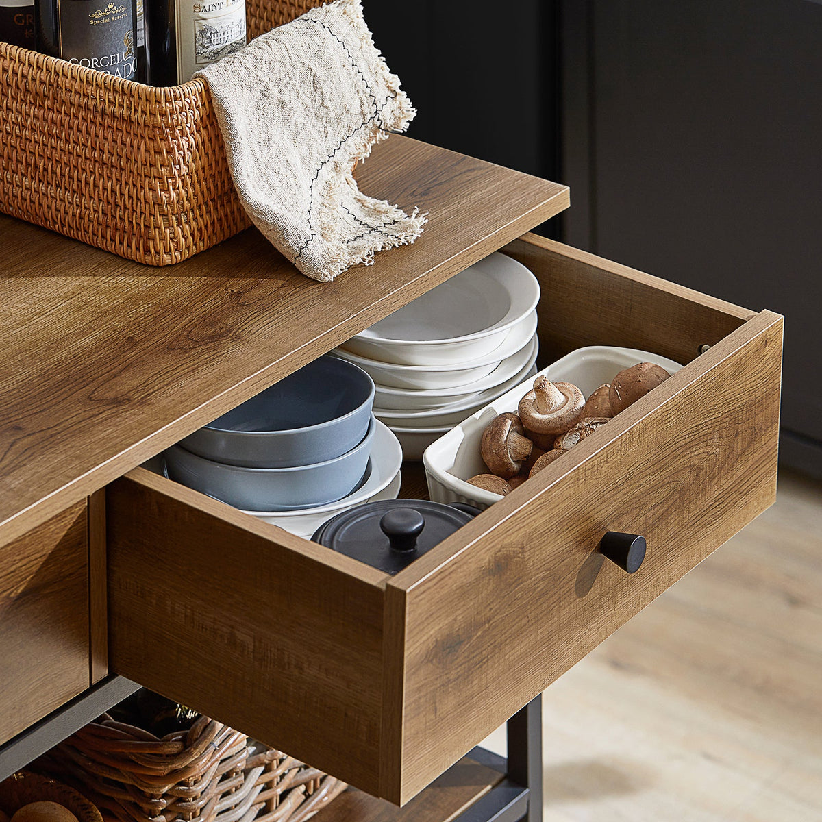 SoBuy FKW112-PF Desserte de Cuisine à Roulettes – Style Industriel, 2 Tiroirs, 2 Étagères, 60 kg, 100×45×93 cm