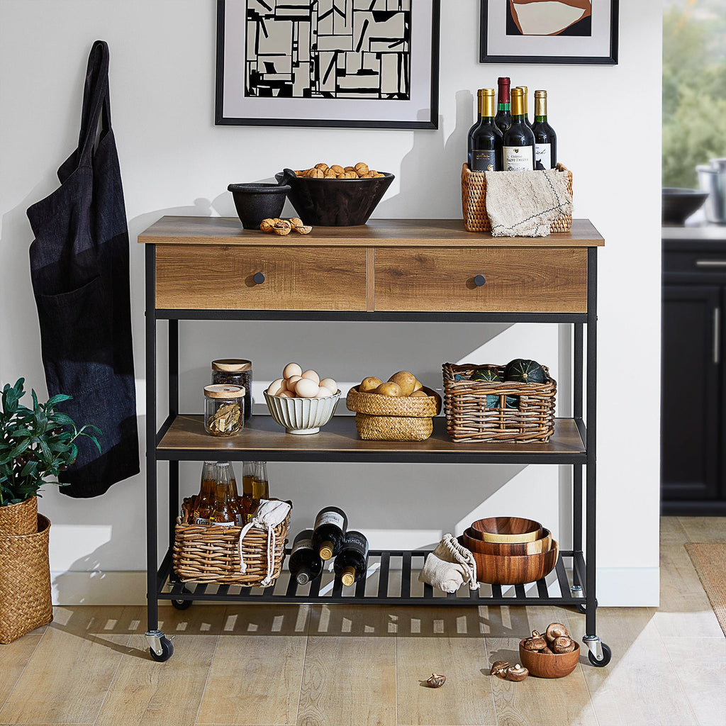 SoBuy FKW112-PF Desserte de Cuisine à Roulettes – Style Industriel, 2 Tiroirs, 2 Étagères, 60 kg, 100×45×93 cm