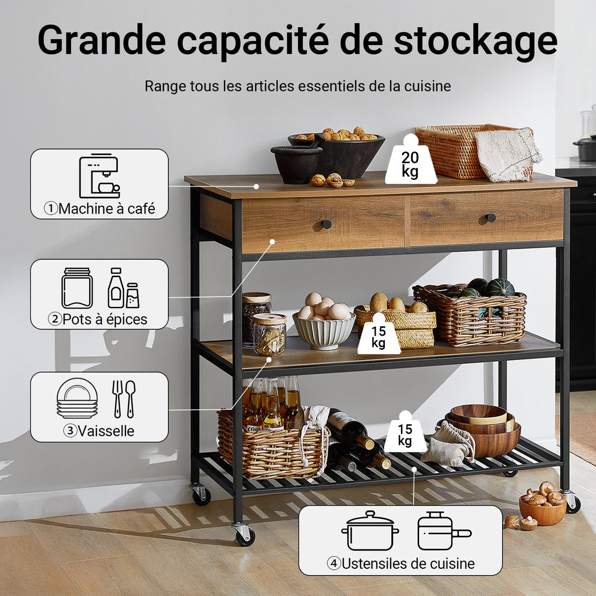 SoBuy FKW112-PF Desserte de Cuisine à Roulettes – Style Industriel, 2 Tiroirs, 2 Étagères, 60 kg, 100×45×93 cm