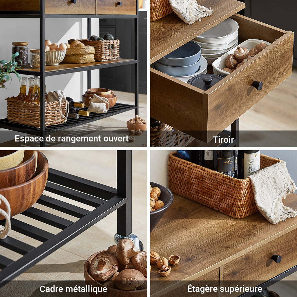 SoBuy FKW112-PF Desserte de Cuisine à Roulettes – Style Industriel, 2 Tiroirs, 2 Étagères, 60 kg, 100×45×93 cm
