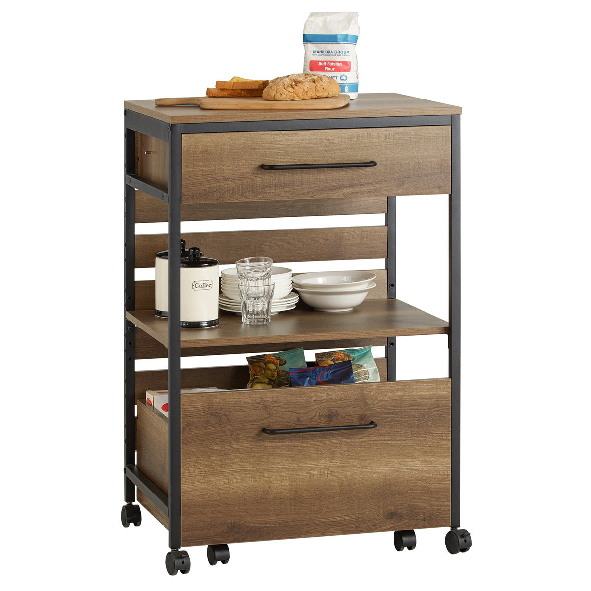SoBuy FKW118-PF Desserte de Cuisine à roulettes – Chariot de Rangement avec 2 Tiroirs et Étagère, Petit Meuble Cuisine Bas Industriel en Acier, 60x45x90cm