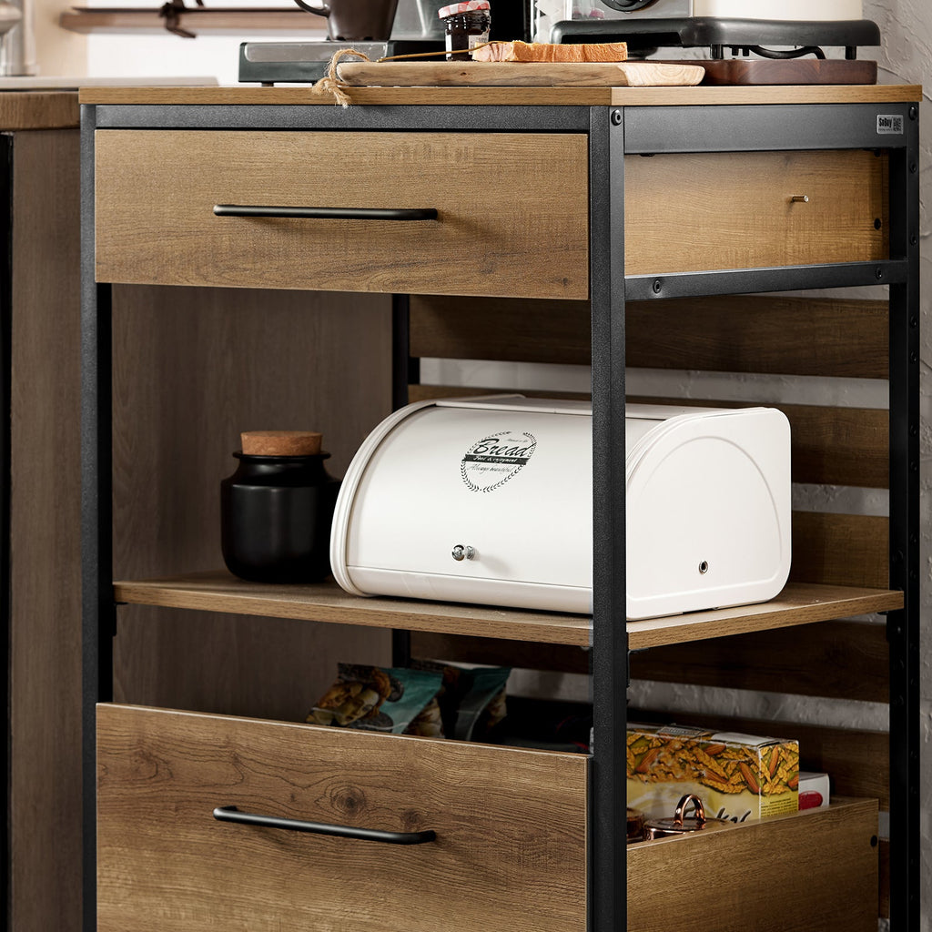 SoBuy FKW118-PF Desserte de Cuisine à roulettes – Chariot de Rangement avec 2 Tiroirs et Étagère, Petit Meuble Cuisine Bas Industriel en Acier, 60x45x90cm
