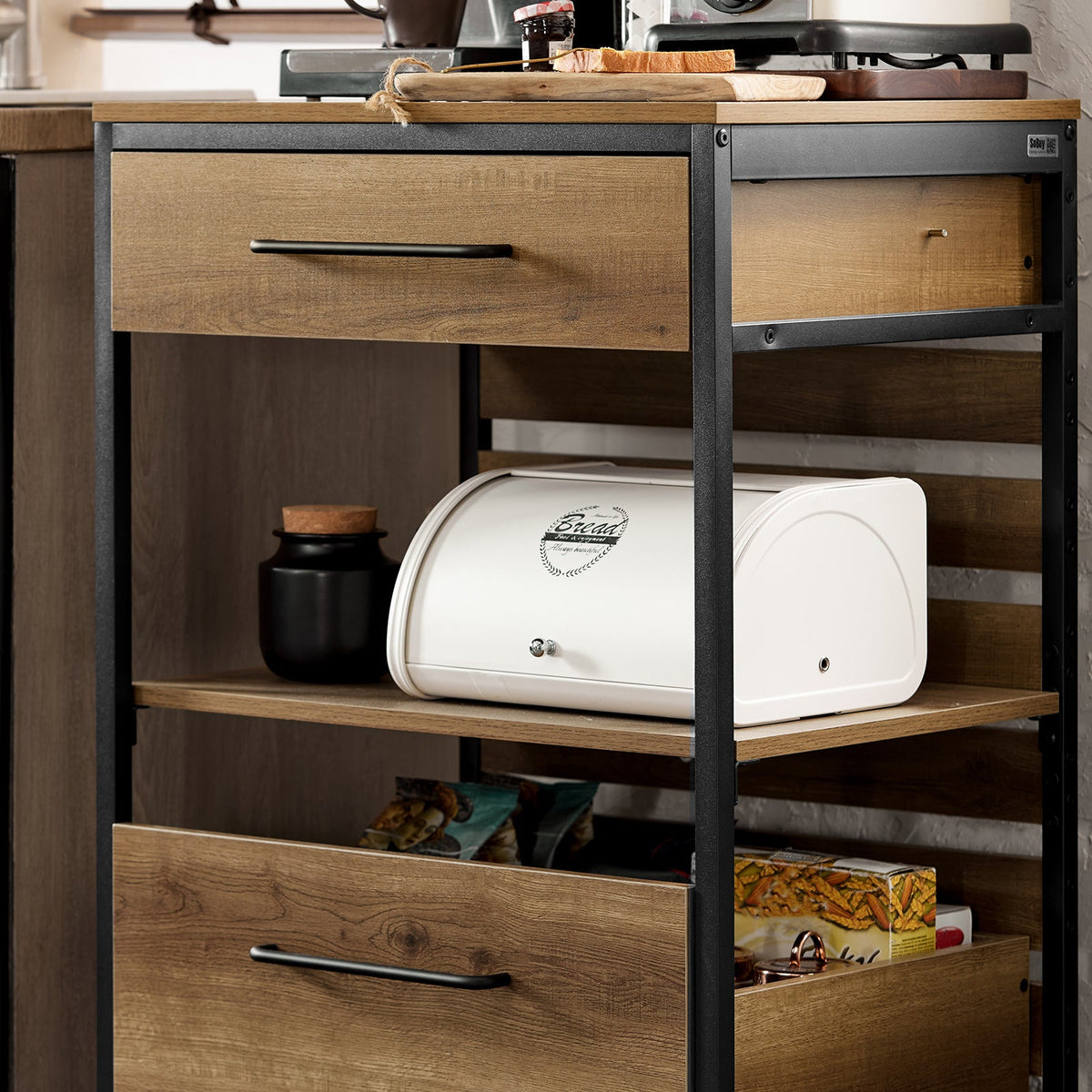 SoBuy FKW118-PF Desserte de Cuisine à roulettes – Chariot de Rangement avec 2 Tiroirs et Étagère, Petit Meuble Cuisine Bas Industriel en Acier, 60x45x90cm