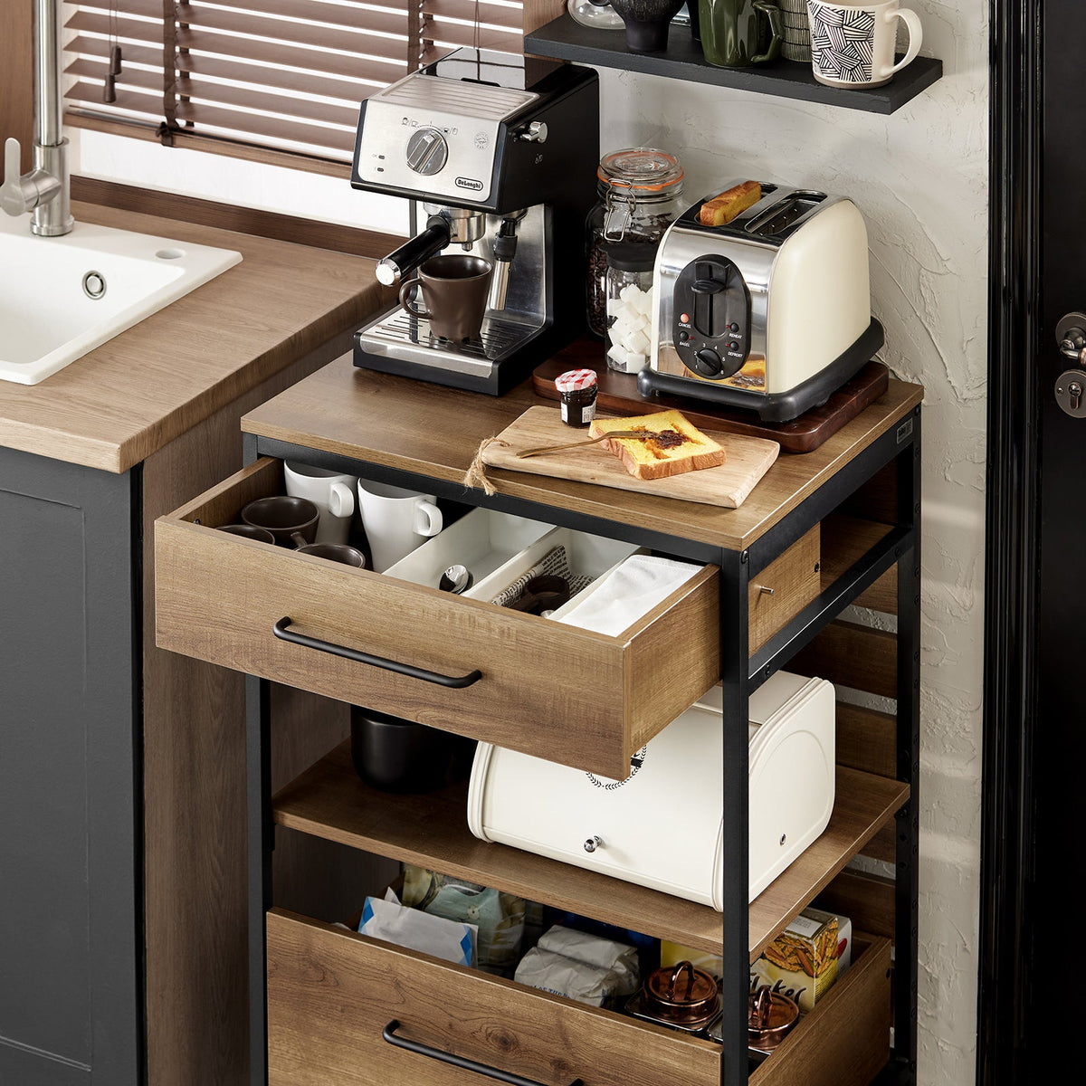 SoBuy FKW118-PF Desserte de Cuisine à roulettes – Chariot de Rangement avec 2 Tiroirs et Étagère, Petit Meuble Cuisine Bas Industriel en Acier, 60x45x90cm