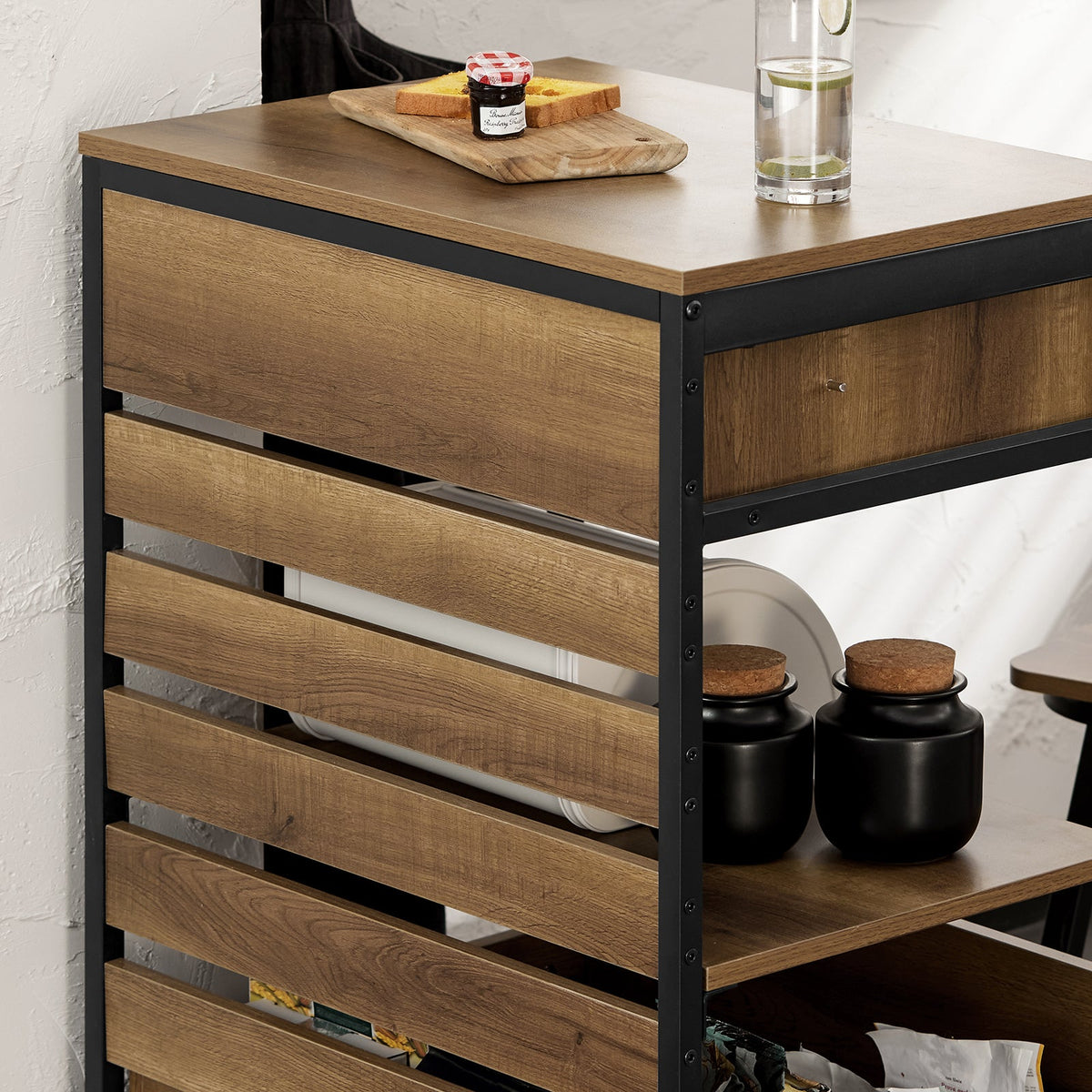 SoBuy FKW118-PF Desserte de Cuisine à roulettes – Chariot de Rangement avec 2 Tiroirs et Étagère, Petit Meuble Cuisine Bas Industriel en Acier, 60x45x90cm