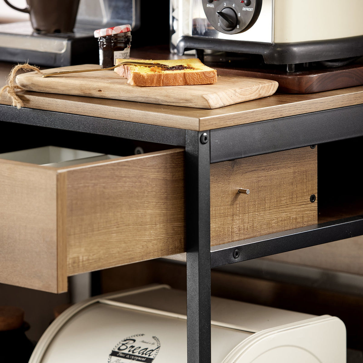 SoBuy FKW118-PF Desserte de Cuisine à roulettes – Chariot de Rangement avec 2 Tiroirs et Étagère, Petit Meuble Cuisine Bas Industriel en Acier, 60x45x90cm