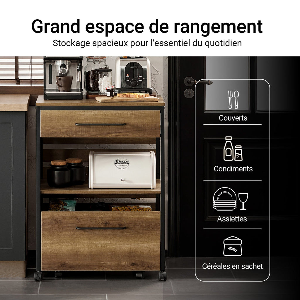 SoBuy FKW118-PF Desserte de Cuisine à roulettes – Chariot de Rangement avec 2 Tiroirs et Étagère, Petit Meuble Cuisine Bas Industriel en Acier, 60x45x90cm