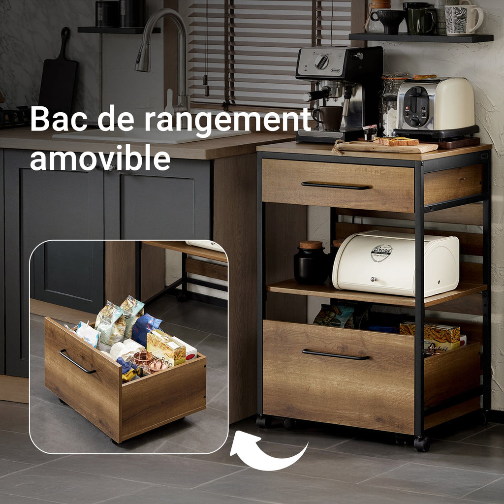 SoBuy FKW118-PF Desserte de Cuisine à roulettes – Chariot de Rangement avec 2 Tiroirs et Étagère, Petit Meuble Cuisine Bas Industriel en Acier, 60x45x90cm