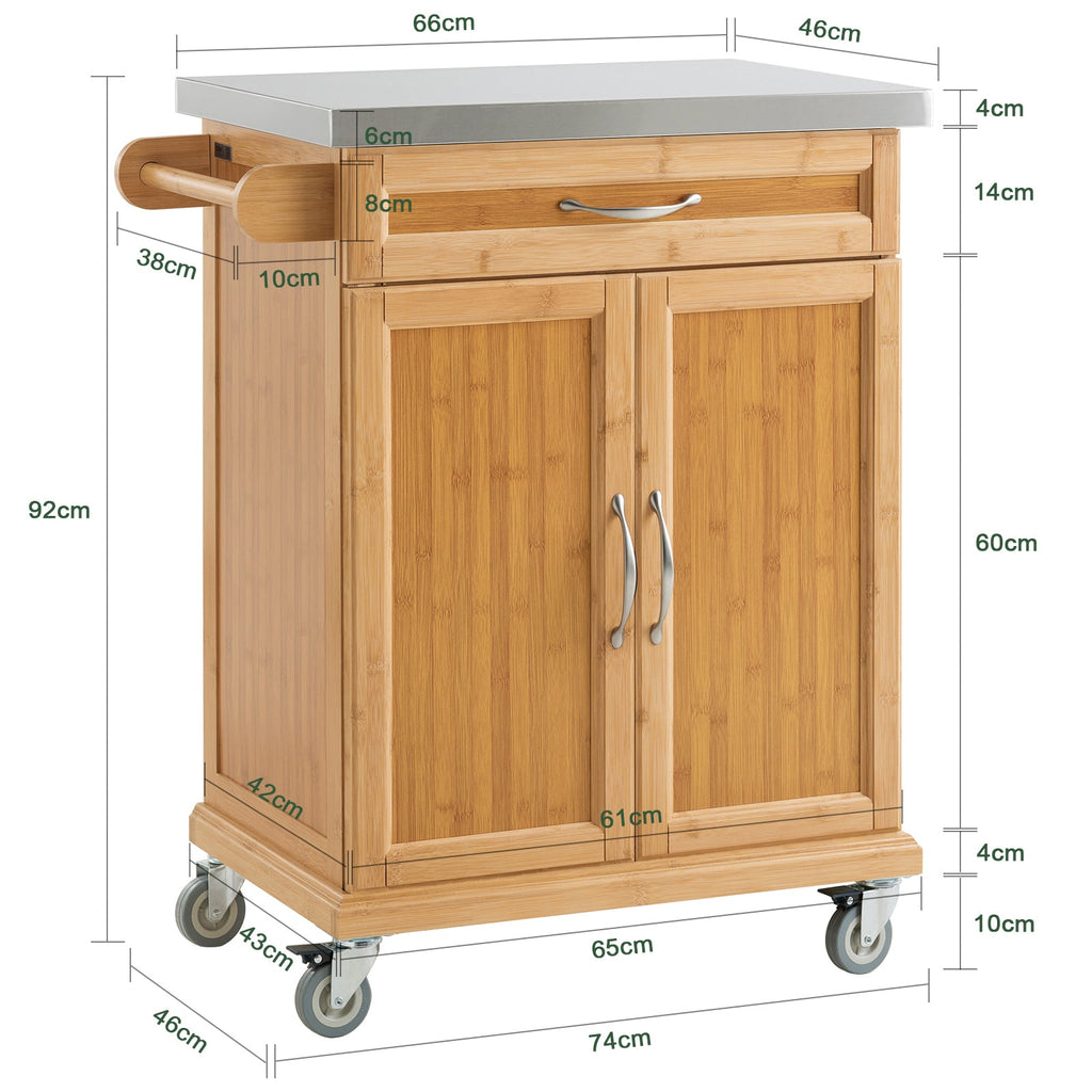 SoBuy FKW13-N Desserte de Cuisine à Roulettes en Bambou avec Plan de Travail INOX, 1 Tiroir et 2 Portes, Chariot de Service – 66x46x92 cm, Naturel