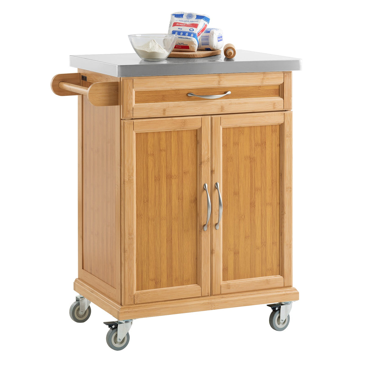 SoBuy FKW13-N Desserte de Cuisine à Roulettes en Bambou avec Plan de Travail INOX, 1 Tiroir et 2 Portes, Chariot de Service – 66x46x92 cm, Naturel