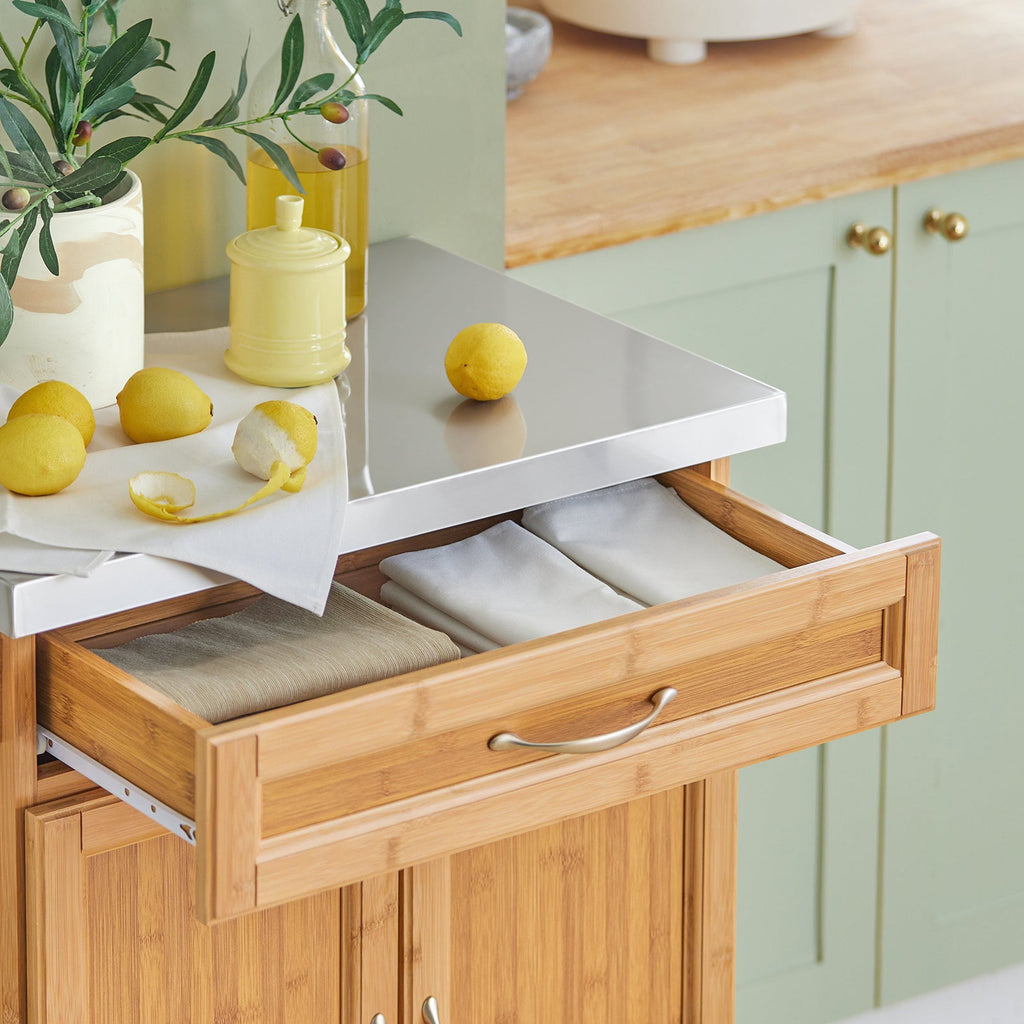 SoBuy FKW13-N Desserte de Cuisine à Roulettes en Bambou avec Plan de Travail INOX, 1 Tiroir et 2 Portes, Chariot de Service – 66x46x92 cm, Naturel