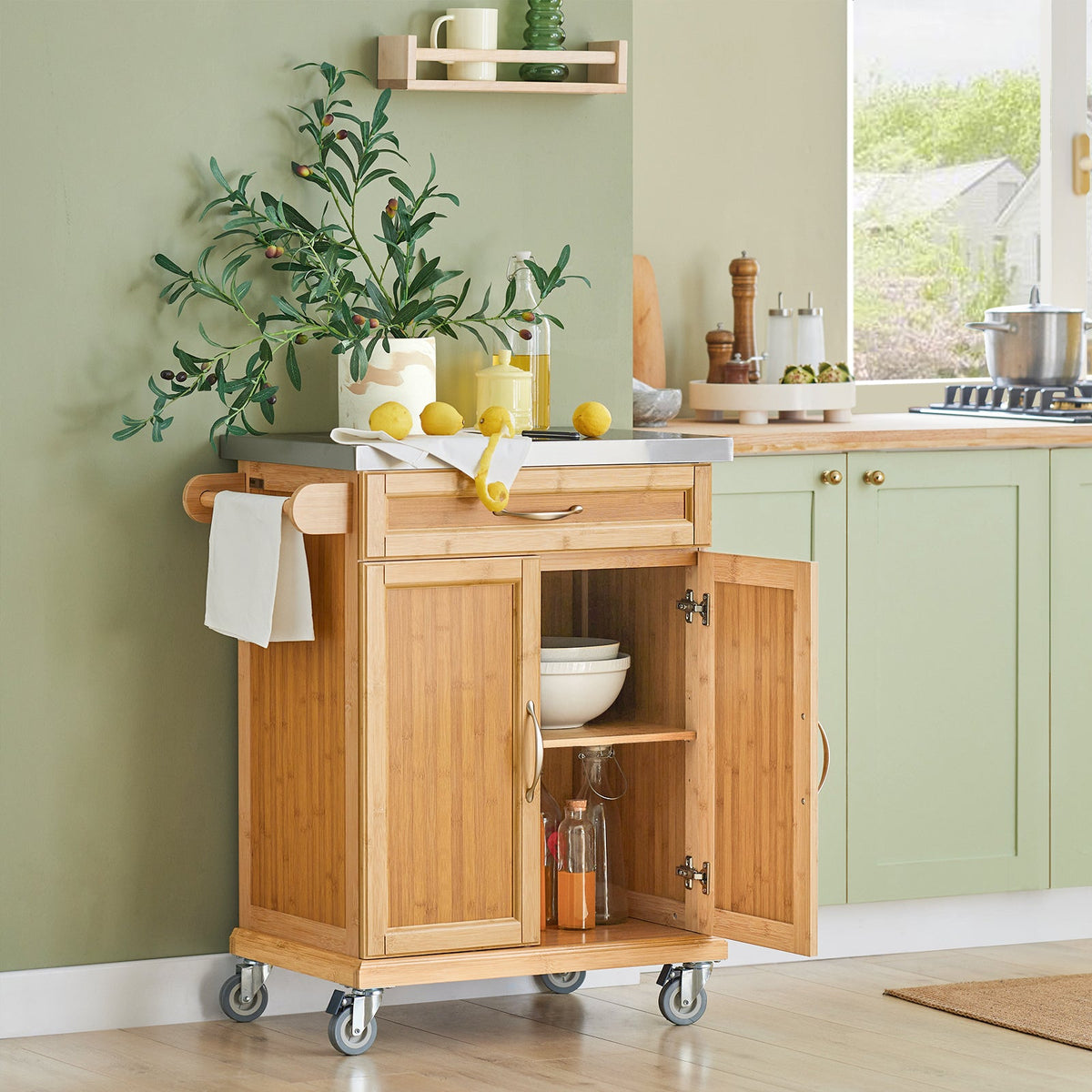 SoBuy FKW13-N Desserte de Cuisine à Roulettes en Bambou avec Plan de Travail INOX, 1 Tiroir et 2 Portes, Chariot de Service – 66x46x92 cm, Naturel