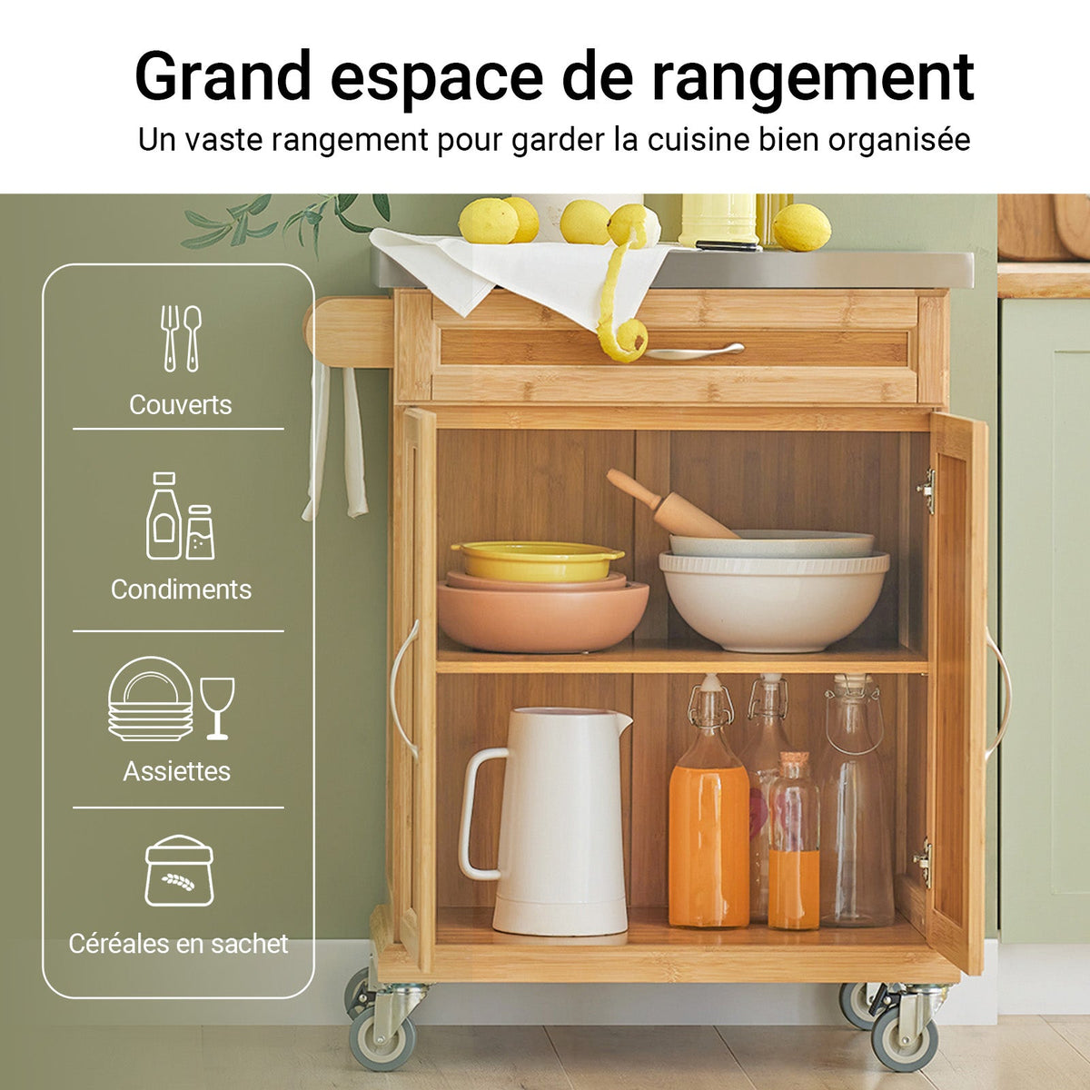 SoBuy FKW13-N Desserte de Cuisine à Roulettes en Bambou avec Plan de Travail INOX, 1 Tiroir et 2 Portes, Chariot de Service – 66x46x92 cm, Naturel