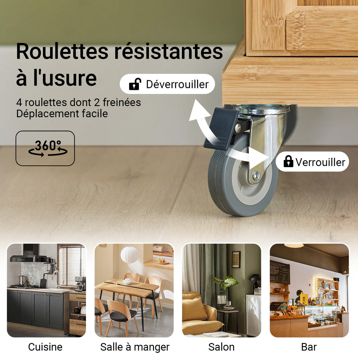 SoBuy FKW13-N Desserte de Cuisine à Roulettes en Bambou avec Plan de Travail INOX, 1 Tiroir et 2 Portes, Chariot de Service – 66x46x92 cm, Naturel