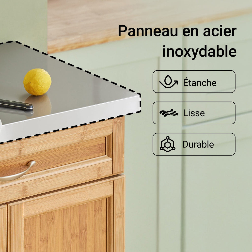 SoBuy FKW13-N Desserte de Cuisine à Roulettes en Bambou avec Plan de Travail INOX, 1 Tiroir et 2 Portes, Chariot de Service – 66x46x92 cm, Naturel