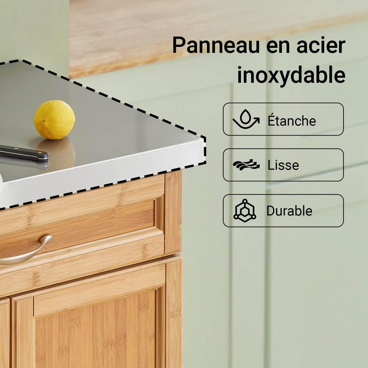 SoBuy FKW13-N Desserte de Cuisine à Roulettes en Bambou avec Plan de Travail INOX, 1 Tiroir et 2 Portes, Chariot de Service – 66x46x92 cm, Naturel