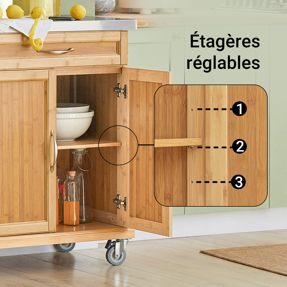 SoBuy FKW13-N Desserte de Cuisine à Roulettes en Bambou avec Plan de Travail INOX, 1 Tiroir et 2 Portes, Chariot de Service – 66x46x92 cm, Naturel
