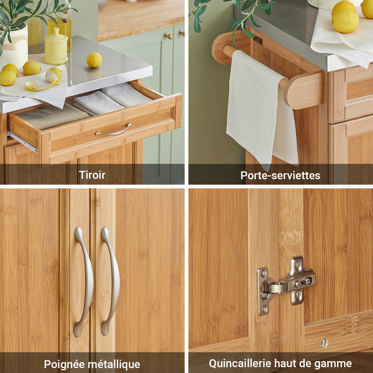 SoBuy FKW13-N Desserte de Cuisine à Roulettes en Bambou avec Plan de Travail INOX, 1 Tiroir et 2 Portes, Chariot de Service – 66x46x92 cm, Naturel