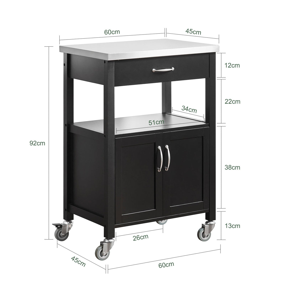 SoBuy FKW22-SCH Desserte de Cuisine à Roulettes avec Plan de Travail INOX, 1 Tiroir, 1 Étagère et 2 Portes, Chariot Multifonction – 60x45x92 cm, Noir