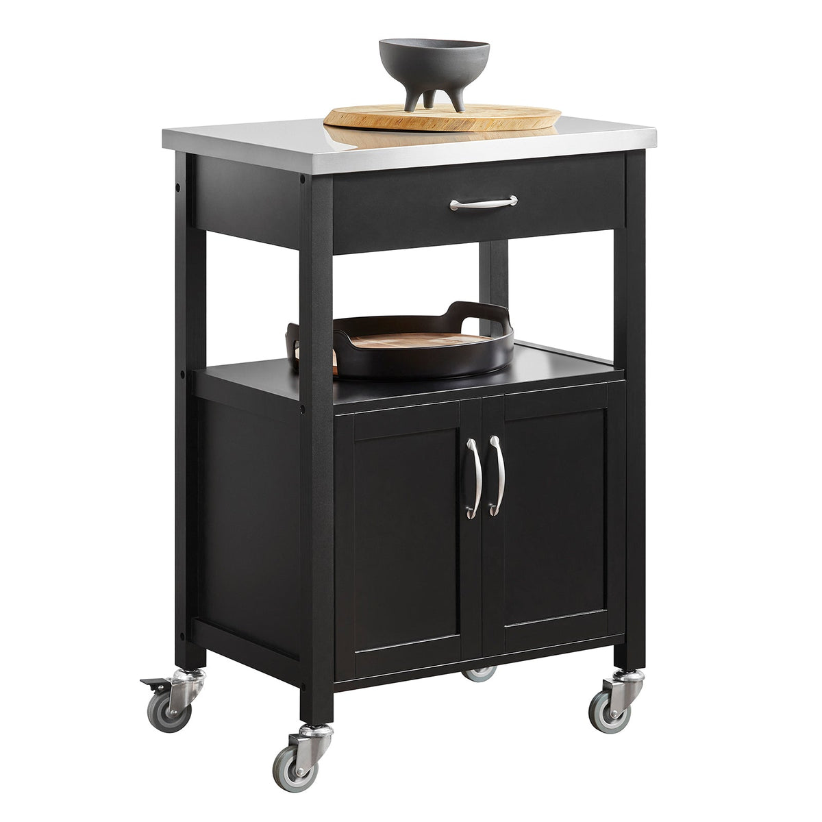SoBuy FKW22-SCH Desserte de Cuisine à Roulettes avec Plan de Travail INOX, 1 Tiroir, 1 Étagère et 2 Portes, Chariot Multifonction – 60x45x92 cm, Noir