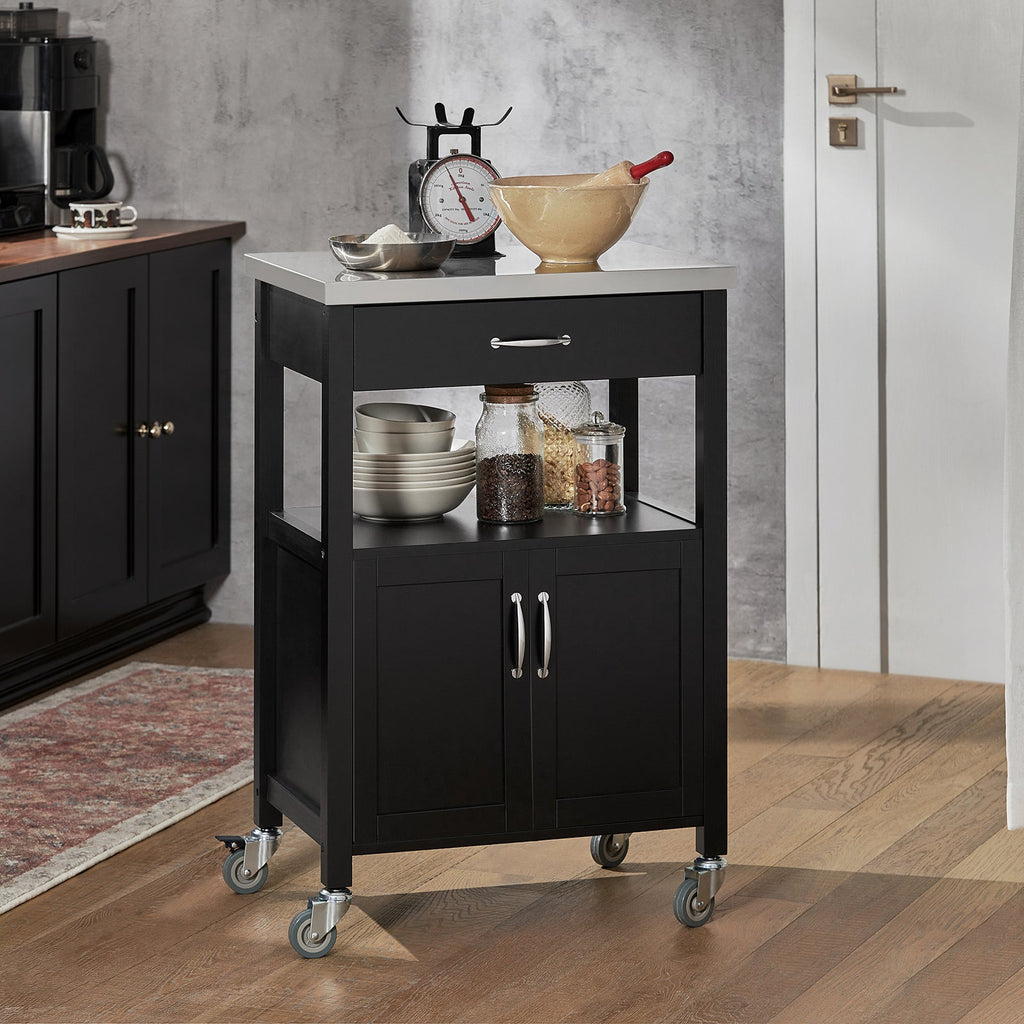SoBuy FKW22-SCH Desserte de Cuisine à Roulettes avec Plan de Travail INOX, 1 Tiroir, 1 Étagère et 2 Portes, Chariot Multifonction – 60x45x92 cm, Noir