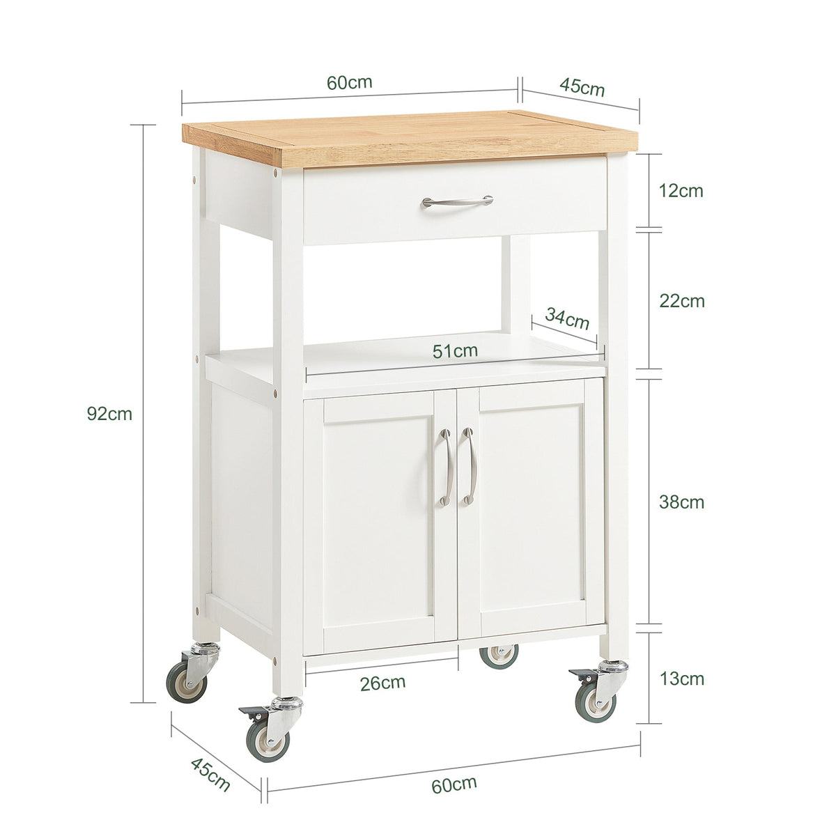 SoBuy FKW22-WN Desserte de Cuisine à Roulettes – Plan de Travail INOX, 1 Tiroir, 2 Portes, 60×45×92 cm, Blanc