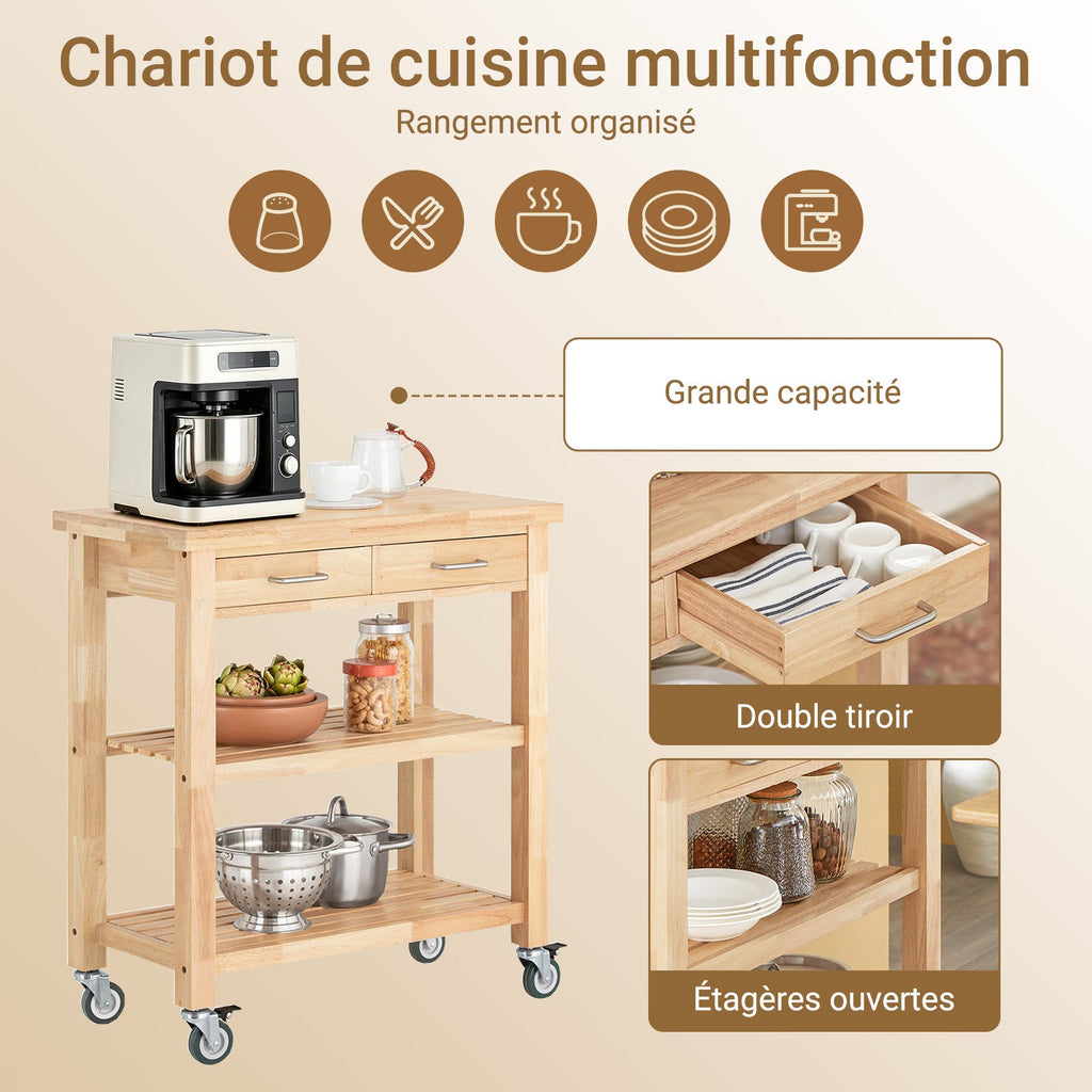 Prévente SoBuy FKW24-II-N Desserte de Cuisine sur Roulettes en Bois d'Hévéa – 2 Tiroirs, 2 Étagères, Meuble Cuisine Compact 80×40×90 cm