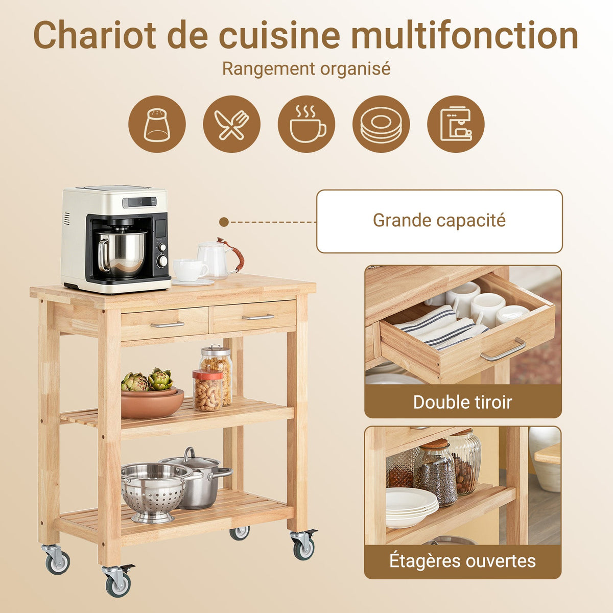 Prévente SoBuy FKW24-II-N Desserte de Cuisine sur Roulettes en Bois d'Hévéa – 2 Tiroirs, 2 Étagères, Meuble Cuisine Compact 80×40×90 cm