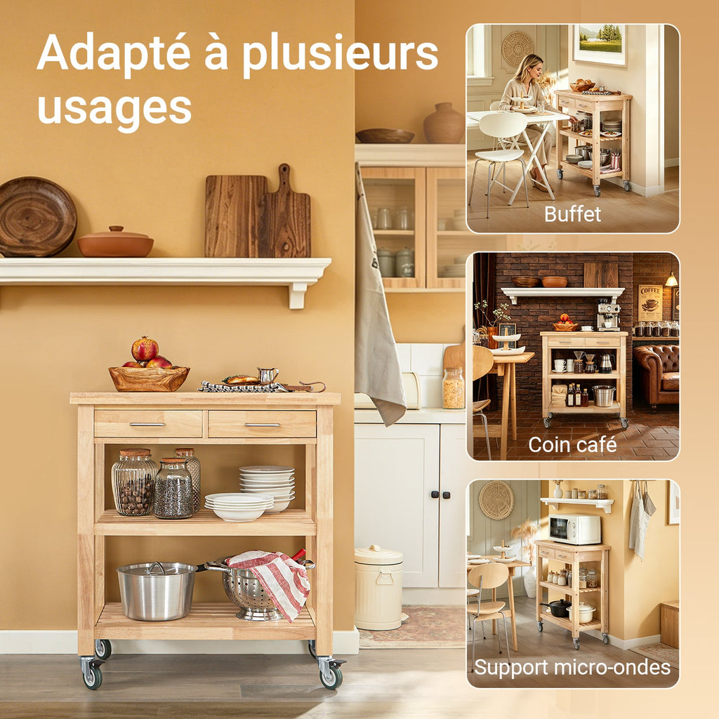 Prévente SoBuy FKW24-II-N Desserte de Cuisine sur Roulettes en Bois d'Hévéa – 2 Tiroirs, 2 Étagères, Meuble Cuisine Compact 80×40×90 cm