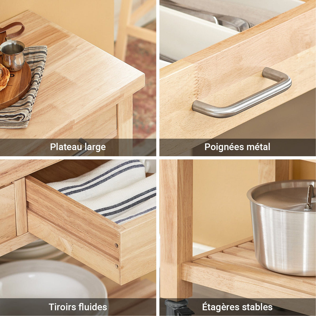 Prévente SoBuy FKW24-II-N Desserte de Cuisine sur Roulettes en Bois d'Hévéa – 2 Tiroirs, 2 Étagères, Meuble Cuisine Compact 80×40×90 cm