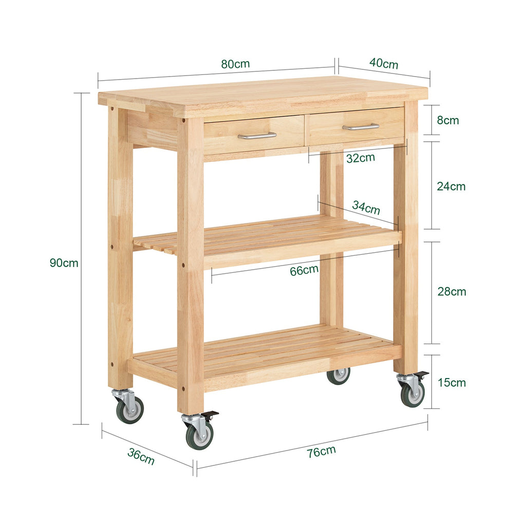 Prévente SoBuy FKW24-II-N Desserte de Cuisine sur Roulettes en Bois d'Hévéa – 2 Tiroirs, 2 Étagères, Meuble Cuisine Compact 80×40×90 cm