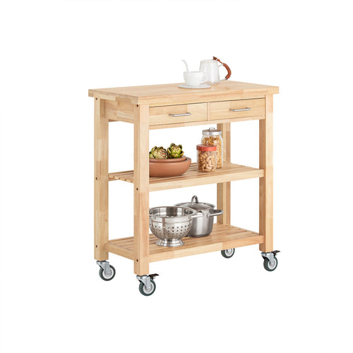 Prévente SoBuy FKW24-II-N Desserte de Cuisine sur Roulettes en Bois d'Hévéa – 2 Tiroirs, 2 Étagères, Meuble Cuisine Compact 80×40×90 cm