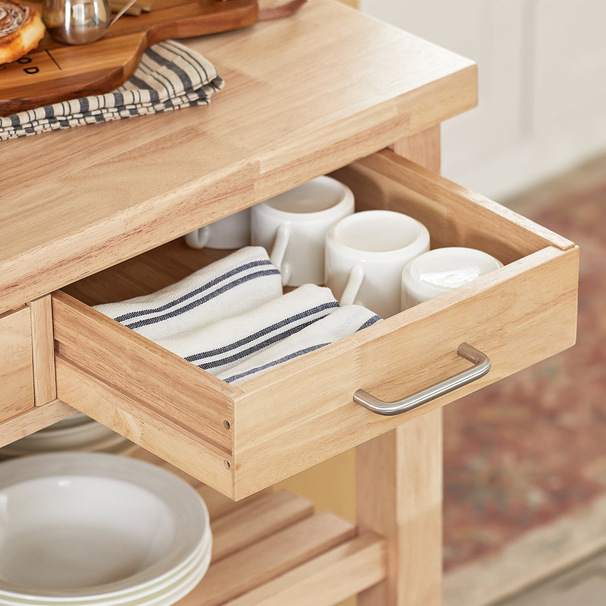 Prévente SoBuy FKW24-II-N Desserte de Cuisine sur Roulettes en Bois d'Hévéa – 2 Tiroirs, 2 Étagères, Meuble Cuisine Compact 80×40×90 cm