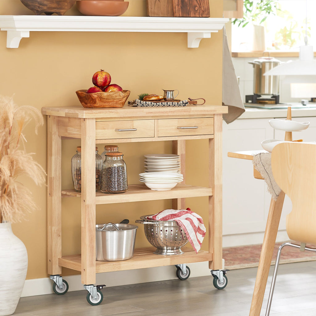 Prévente SoBuy FKW24-II-N Desserte de Cuisine sur Roulettes en Bois d'Hévéa – 2 Tiroirs, 2 Étagères, Meuble Cuisine Compact 80×40×90 cm