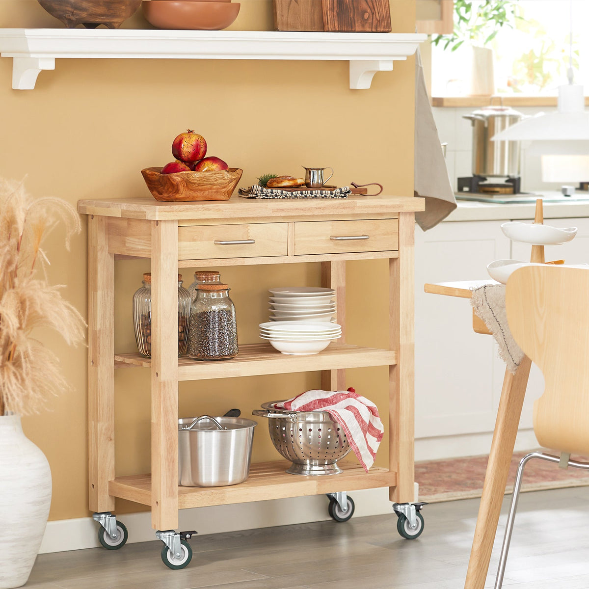 Prévente SoBuy FKW24-II-N Desserte de Cuisine sur Roulettes en Bois d'Hévéa – 2 Tiroirs, 2 Étagères, Meuble Cuisine Compact 80×40×90 cm