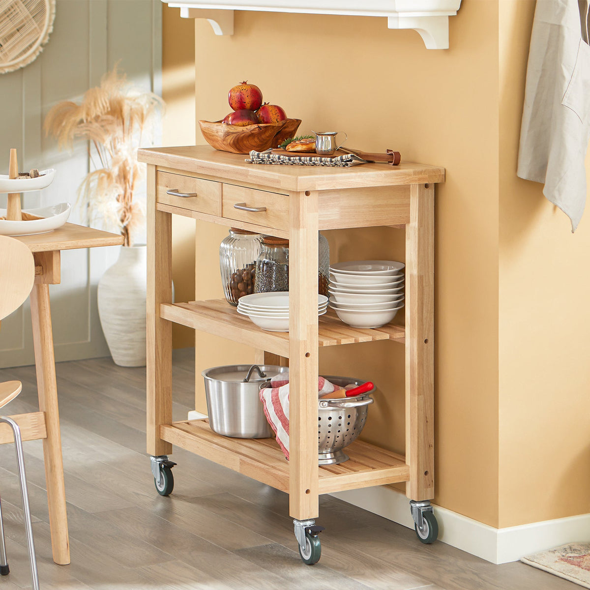 Prévente SoBuy FKW24-II-N Desserte de Cuisine sur Roulettes en Bois d'Hévéa – 2 Tiroirs, 2 Étagères, Meuble Cuisine Compact 80×40×90 cm